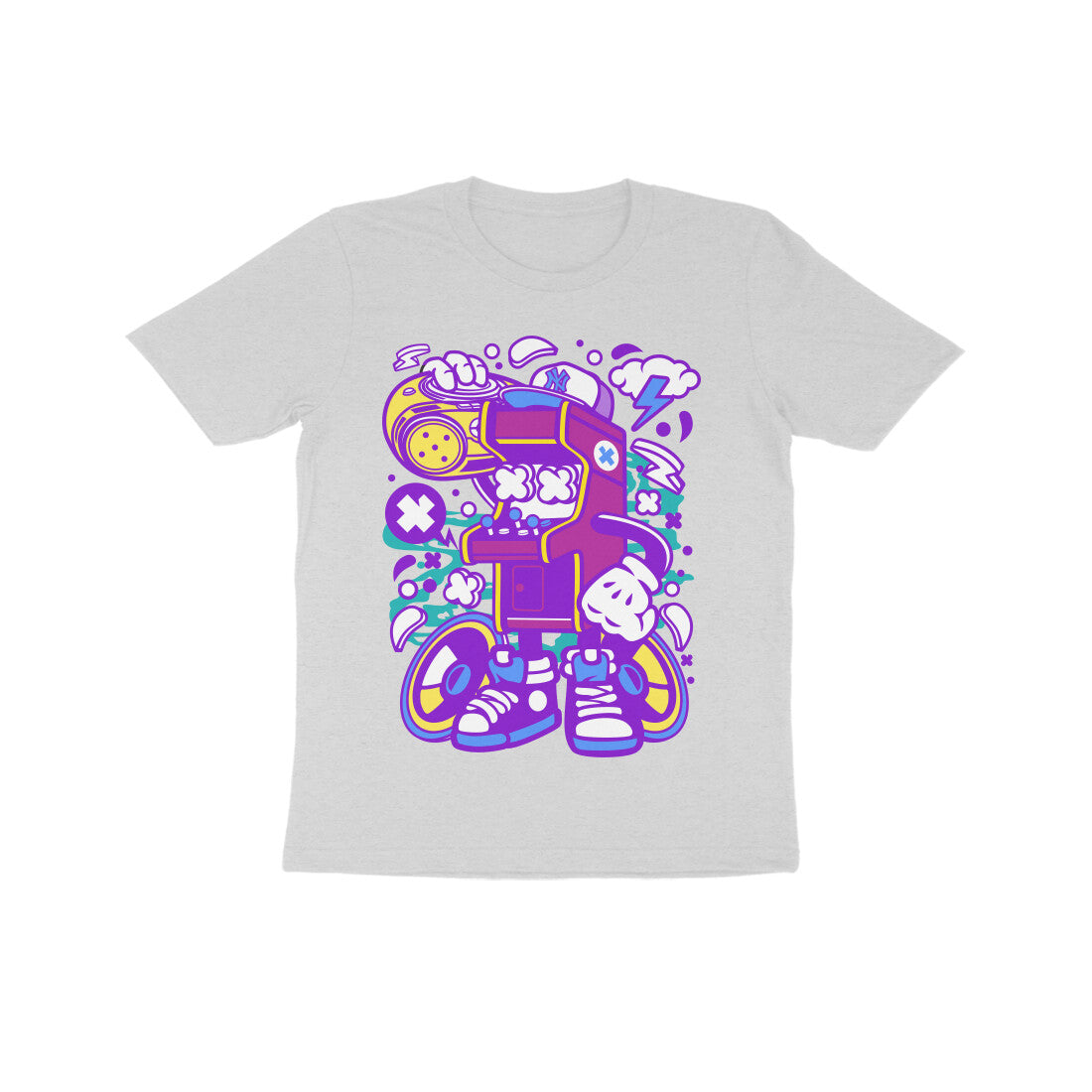 Kids' Half Sleeve Round Neck Tshirt - Arcade Game Boombox - Pink puraidoprints