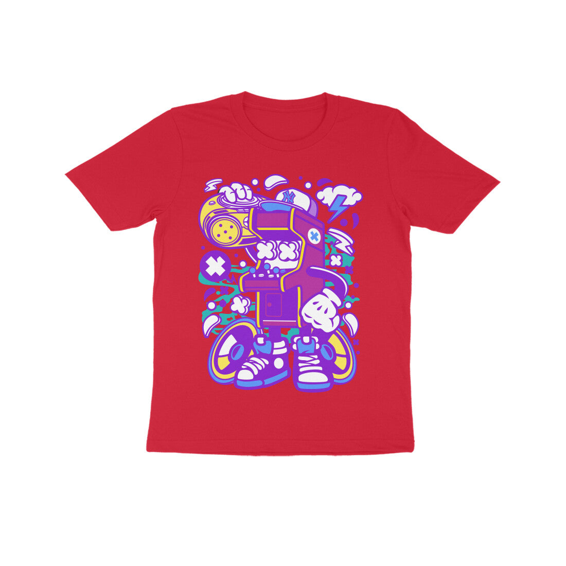 Kids' Half Sleeve Round Neck Tshirt - Arcade Game Boombox - Pink puraidoprints