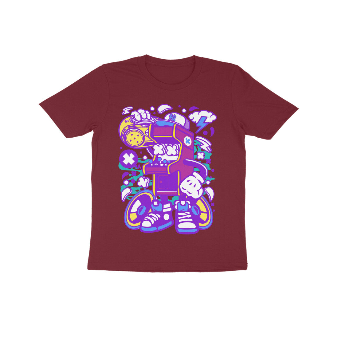 Kids' Half Sleeve Round Neck Tshirt - Arcade Game Boombox - Pink puraidoprints