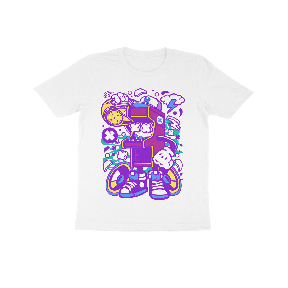 Kids' Half Sleeve Round Neck Tshirt - Arcade Game Boombox - Pink puraidoprints