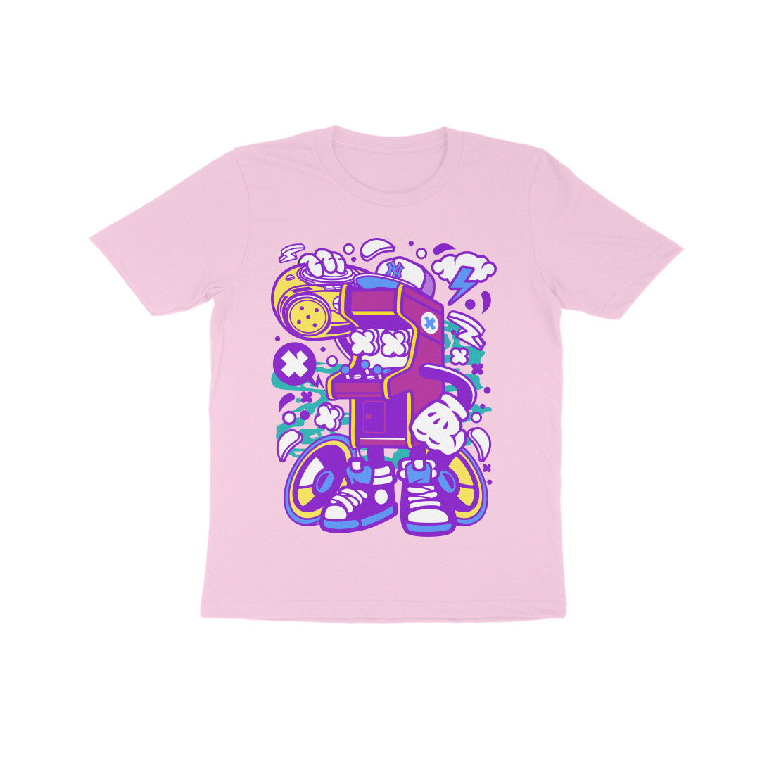 Kids' Half Sleeve Round Neck Tshirt - Arcade Game Boombox - Pink puraidoprints