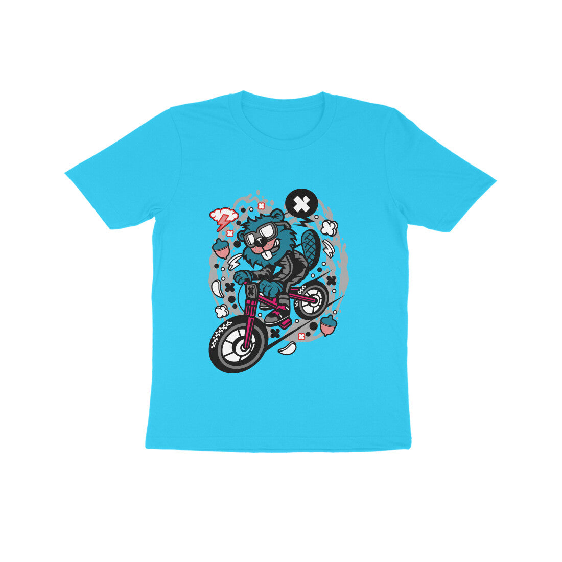 Kids' Half Sleeve Round Neck Tshirt β Blue Beaver Downhill Ride puraidoprints