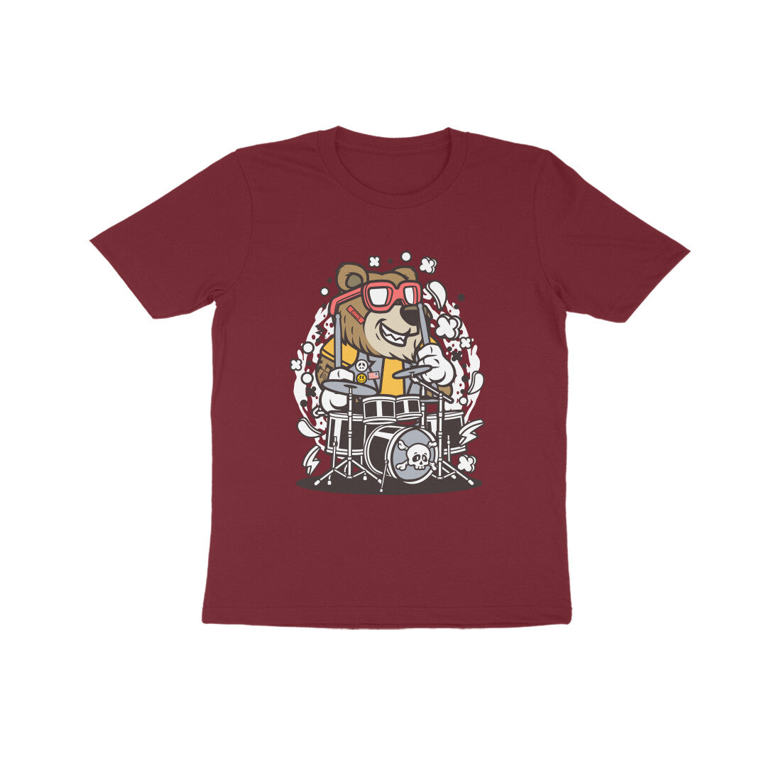 Kids' Half Sleeve Round Neck Tshirt β Brown Bear Drummer puraidoprints