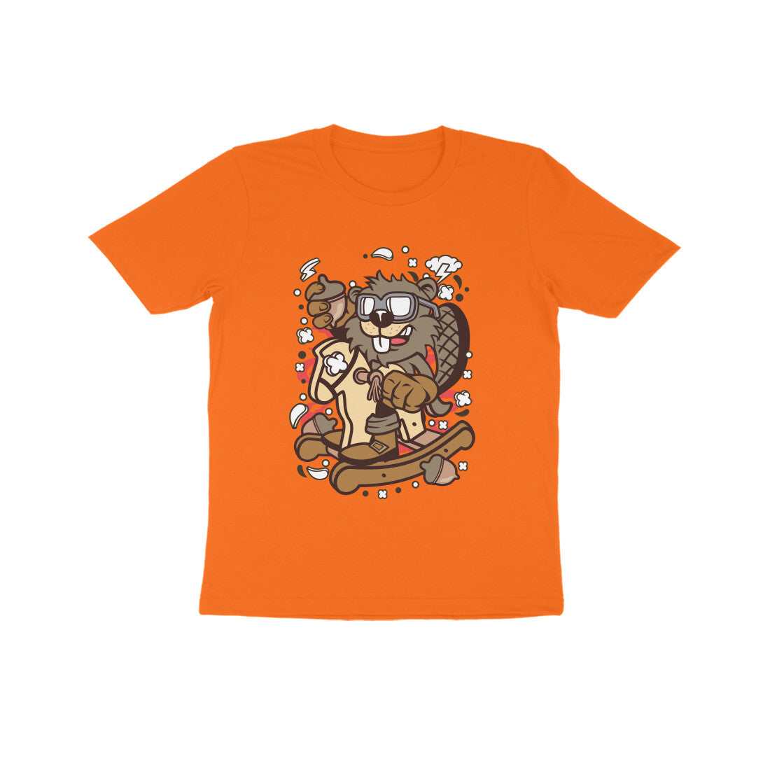 Kids' Half Sleeve Round Neck Tshirt β Brown Beaver Rocking Horse puraidoprints