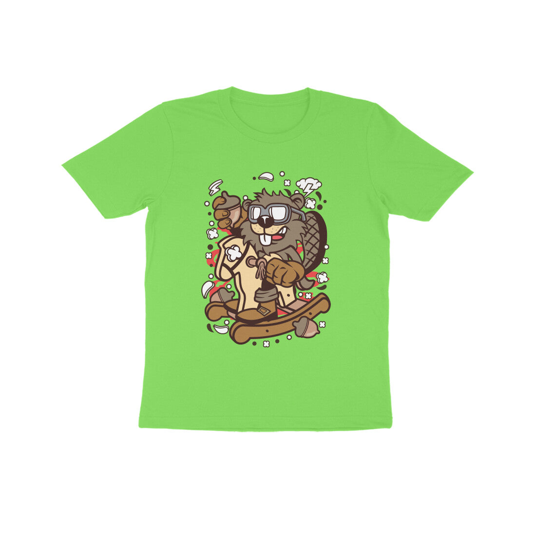 Kids' Half Sleeve Round Neck Tshirt β Brown Beaver Rocking Horse puraidoprints