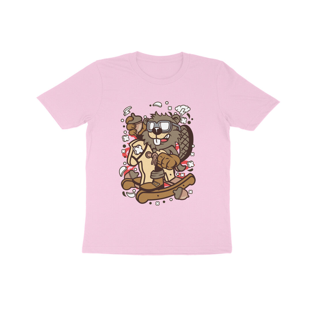 Kids' Half Sleeve Round Neck Tshirt β Brown Beaver Rocking Horse puraidoprints