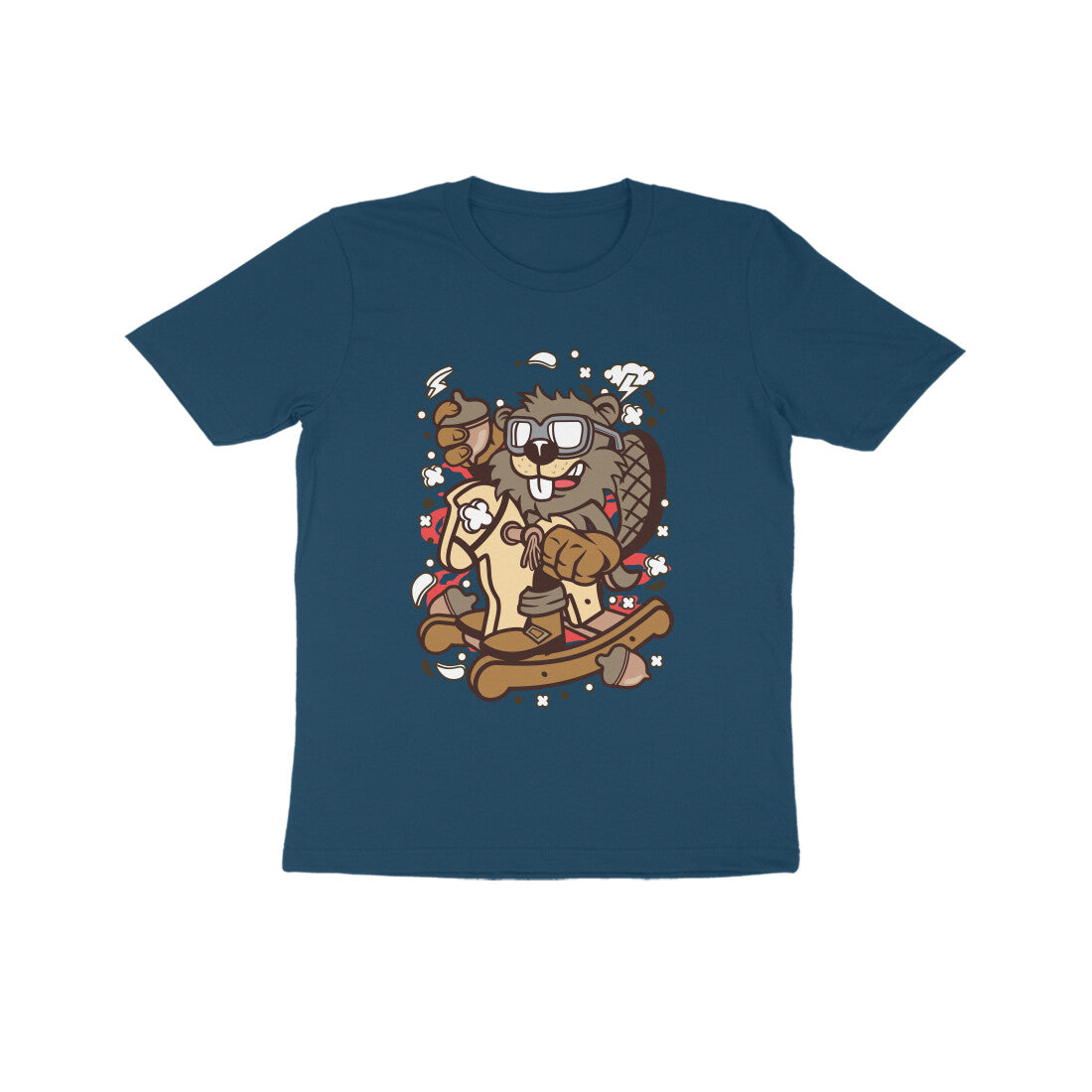 Kids' Half Sleeve Round Neck Tshirt β Brown Beaver Rocking Horse puraidoprints