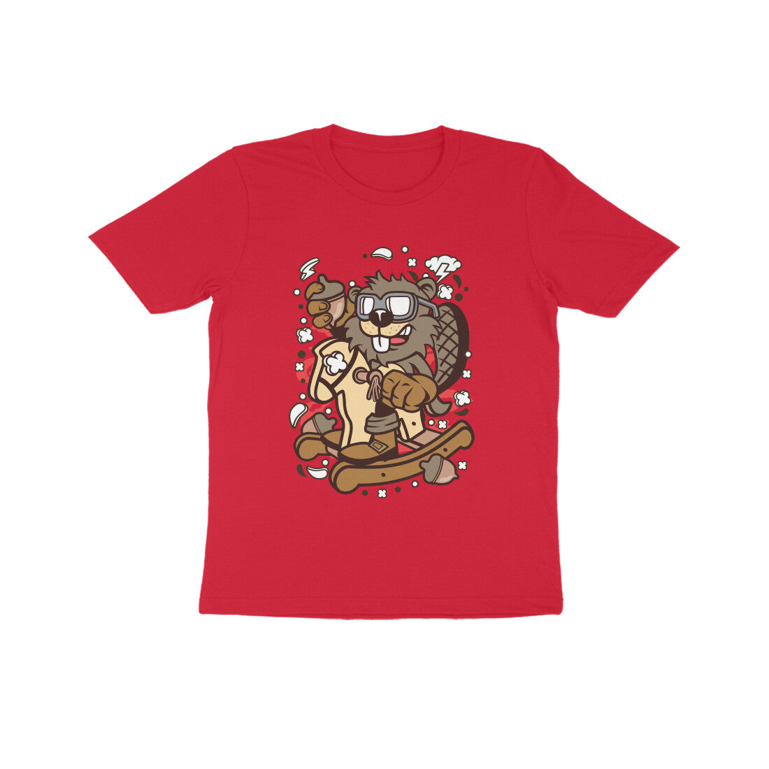 Kids' Half Sleeve Round Neck Tshirt β Brown Beaver Rocking Horse puraidoprints