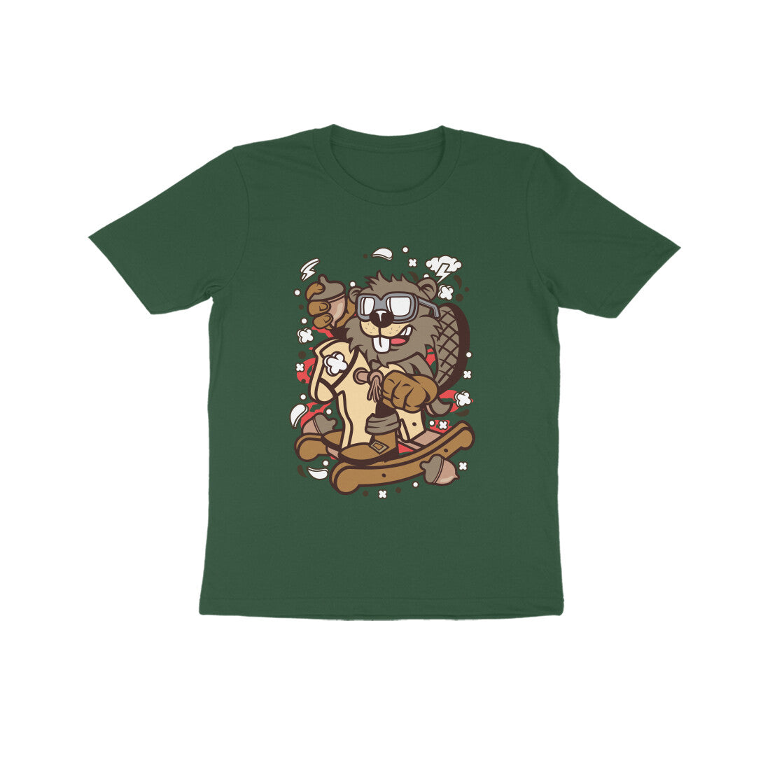 Kids' Half Sleeve Round Neck Tshirt β Brown Beaver Rocking Horse puraidoprints