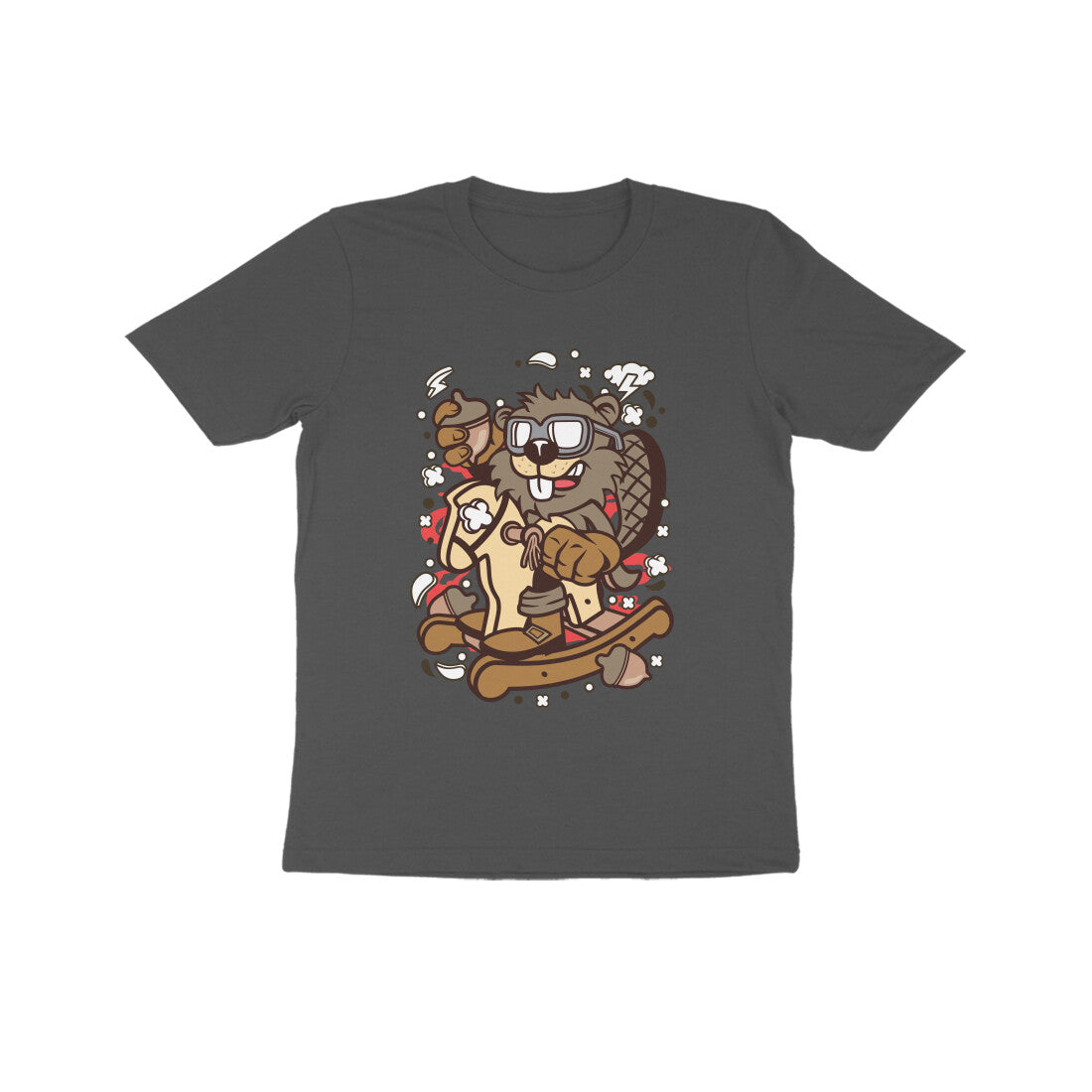 Kids' Half Sleeve Round Neck Tshirt β Brown Beaver Rocking Horse puraidoprints