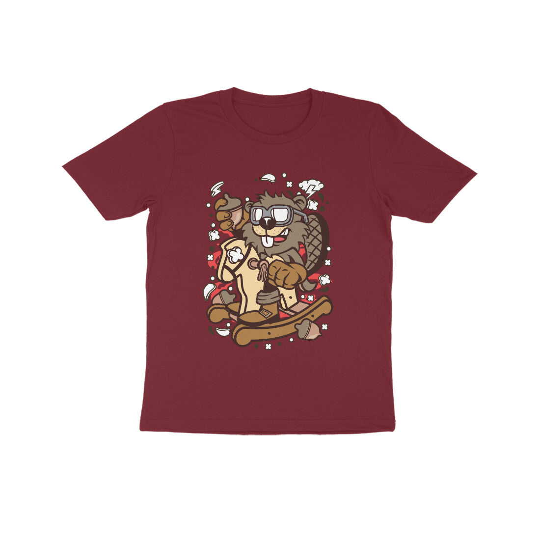 Kids' Half Sleeve Round Neck Tshirt β Brown Beaver Rocking Horse puraidoprints