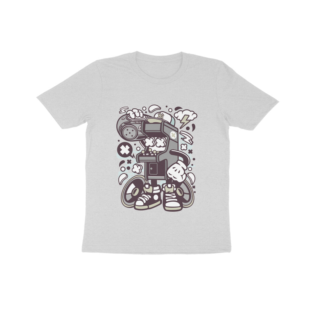 Kids' Half Sleeve Round Neck Tshirt β Gray Arcade Game Boombox puraidoprints