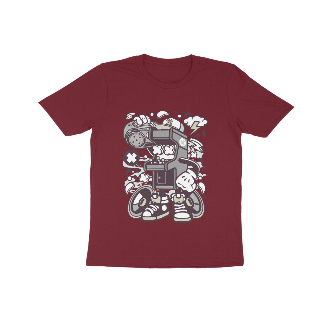Kids' Half Sleeve Round Neck Tshirt β Gray Arcade Game Boombox puraidoprints