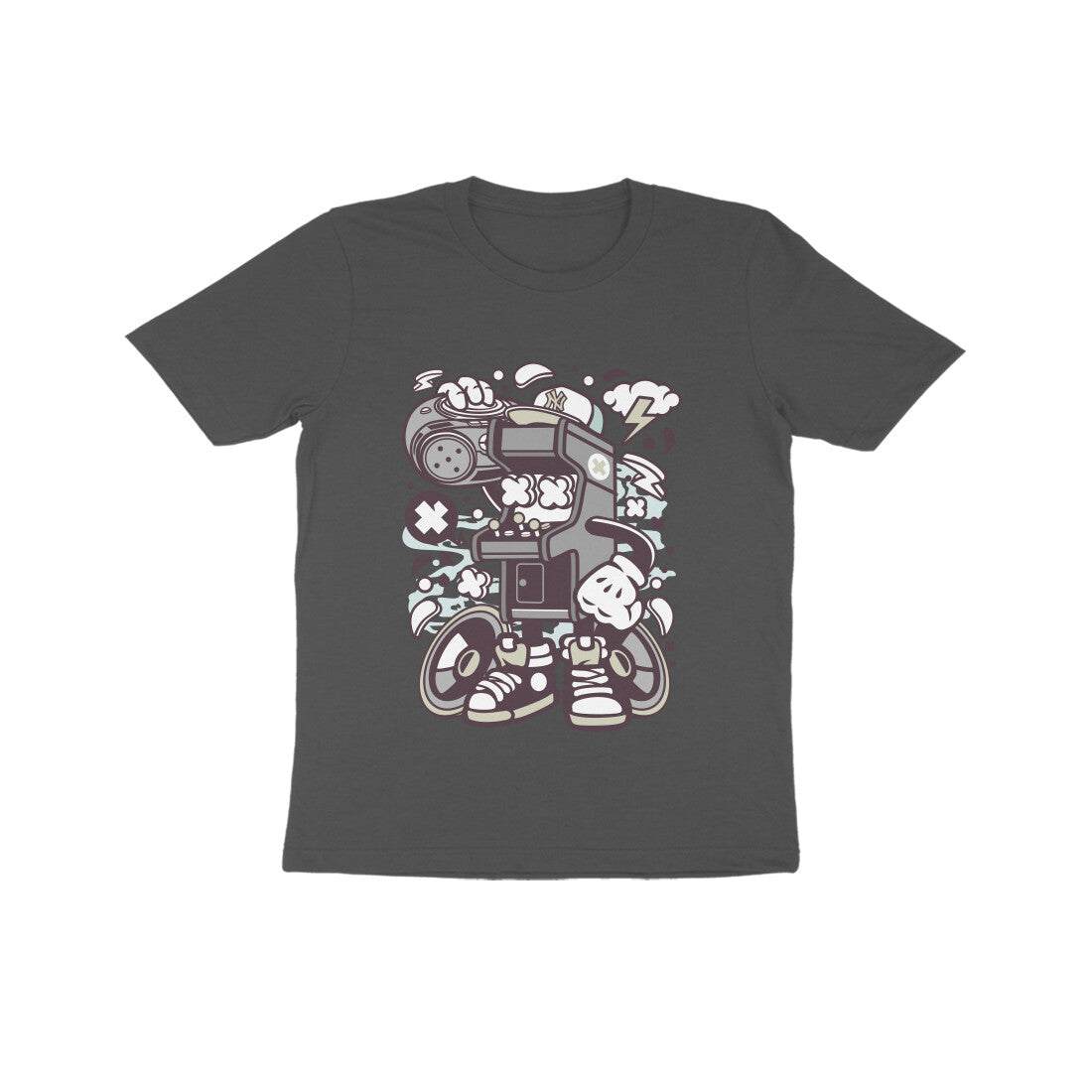 Kids' Half Sleeve Round Neck Tshirt β Gray Arcade Game Boombox puraidoprints