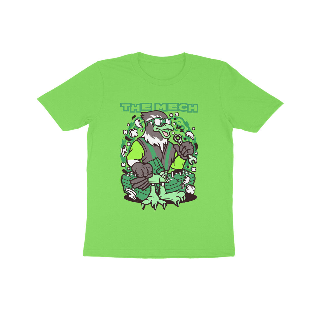 Kids' Half Sleeve Round Neck Tshirt β Green Bird Mech puraidoprints