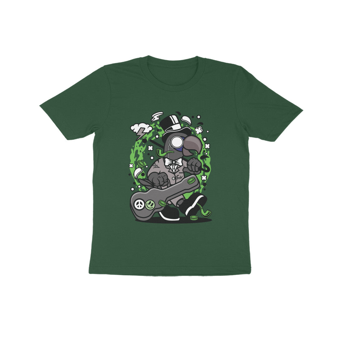 Kids' Half Sleeve Round Neck Tshirt β Green Bird Musician puraidoprints