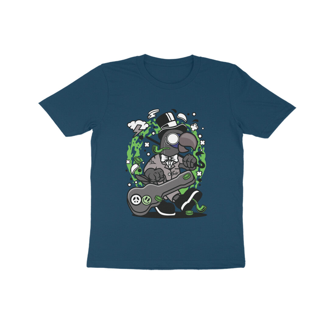 Kids' Half Sleeve Round Neck Tshirt β Green Bird Musician puraidoprints