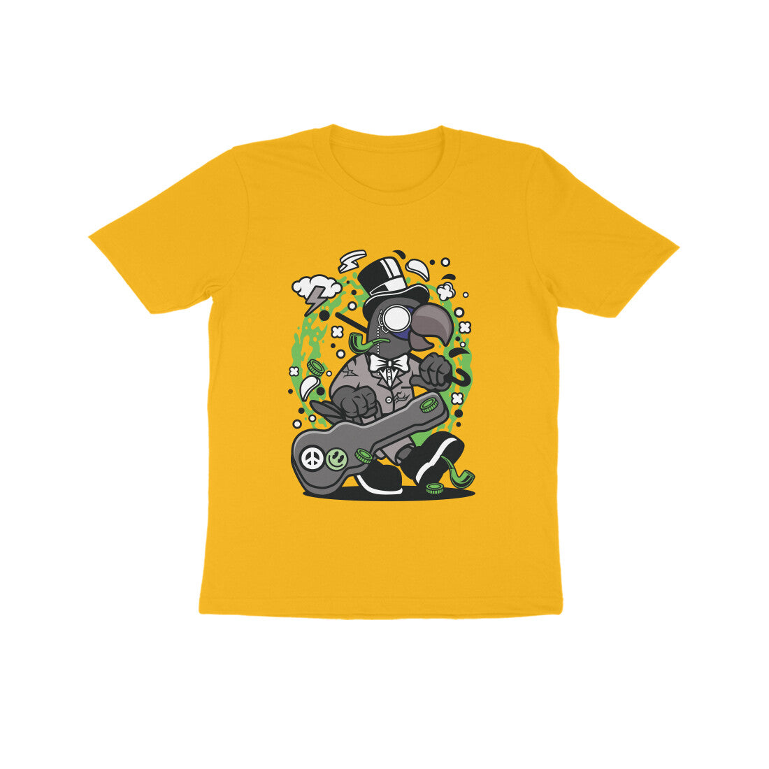 Kids' Half Sleeve Round Neck Tshirt β Green Bird Musician puraidoprints