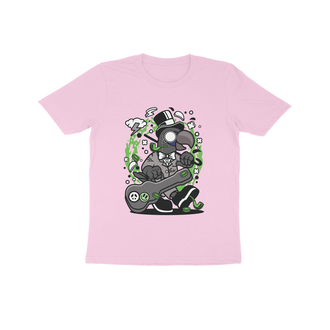 Kids' Half Sleeve Round Neck Tshirt β Green Bird Musician puraidoprints