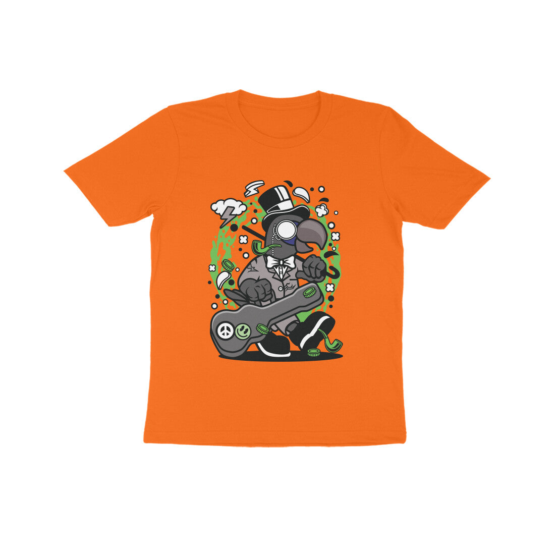 Kids' Half Sleeve Round Neck Tshirt β Green Bird Musician puraidoprints
