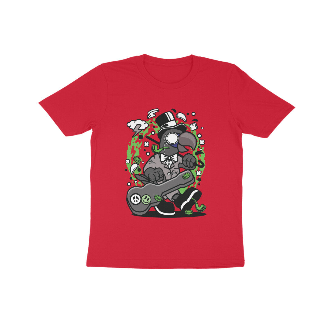 Kids' Half Sleeve Round Neck Tshirt β Green Bird Musician puraidoprints