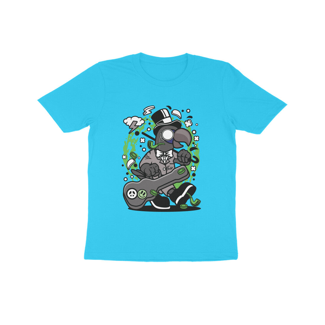 Kids' Half Sleeve Round Neck Tshirt β Green Bird Musician puraidoprints