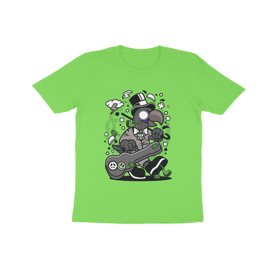 Kids' Half Sleeve Round Neck Tshirt β Green Bird Musician puraidoprints