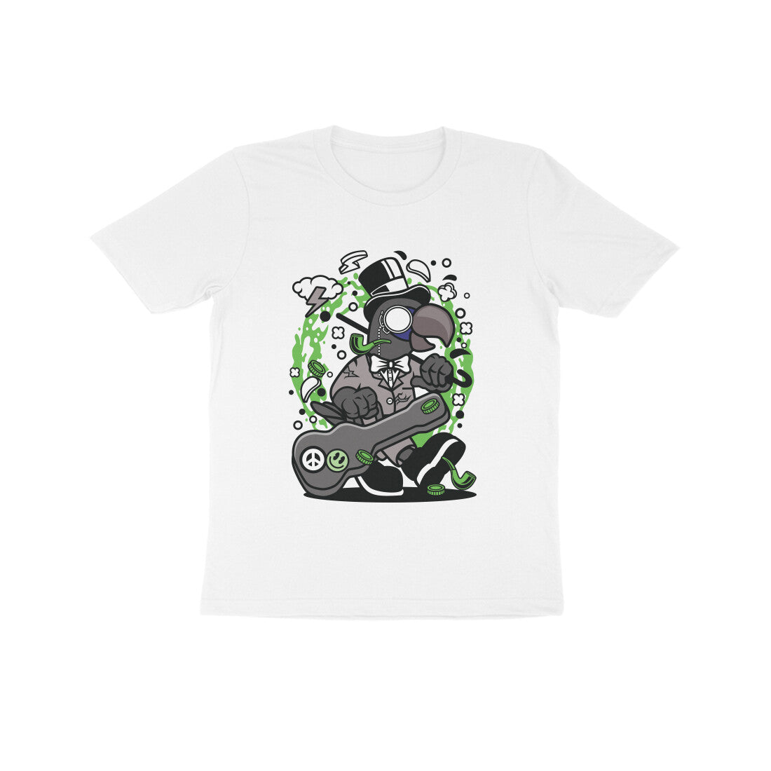 Kids' Half Sleeve Round Neck Tshirt β Green Bird Musician puraidoprints