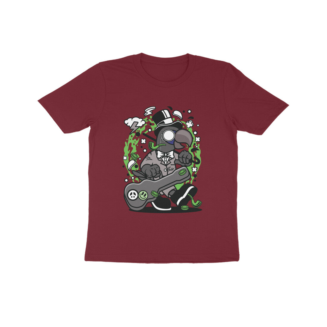 Kids' Half Sleeve Round Neck Tshirt β Green Bird Musician puraidoprints