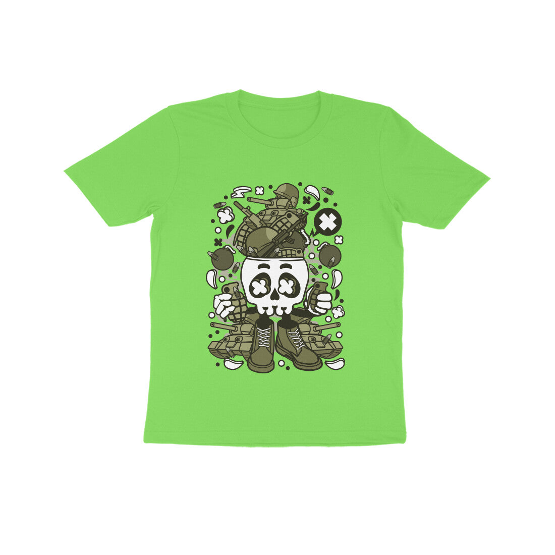 Kids' Half Sleeve Round Neck Tshirt β Green Skull Army puraidoprints