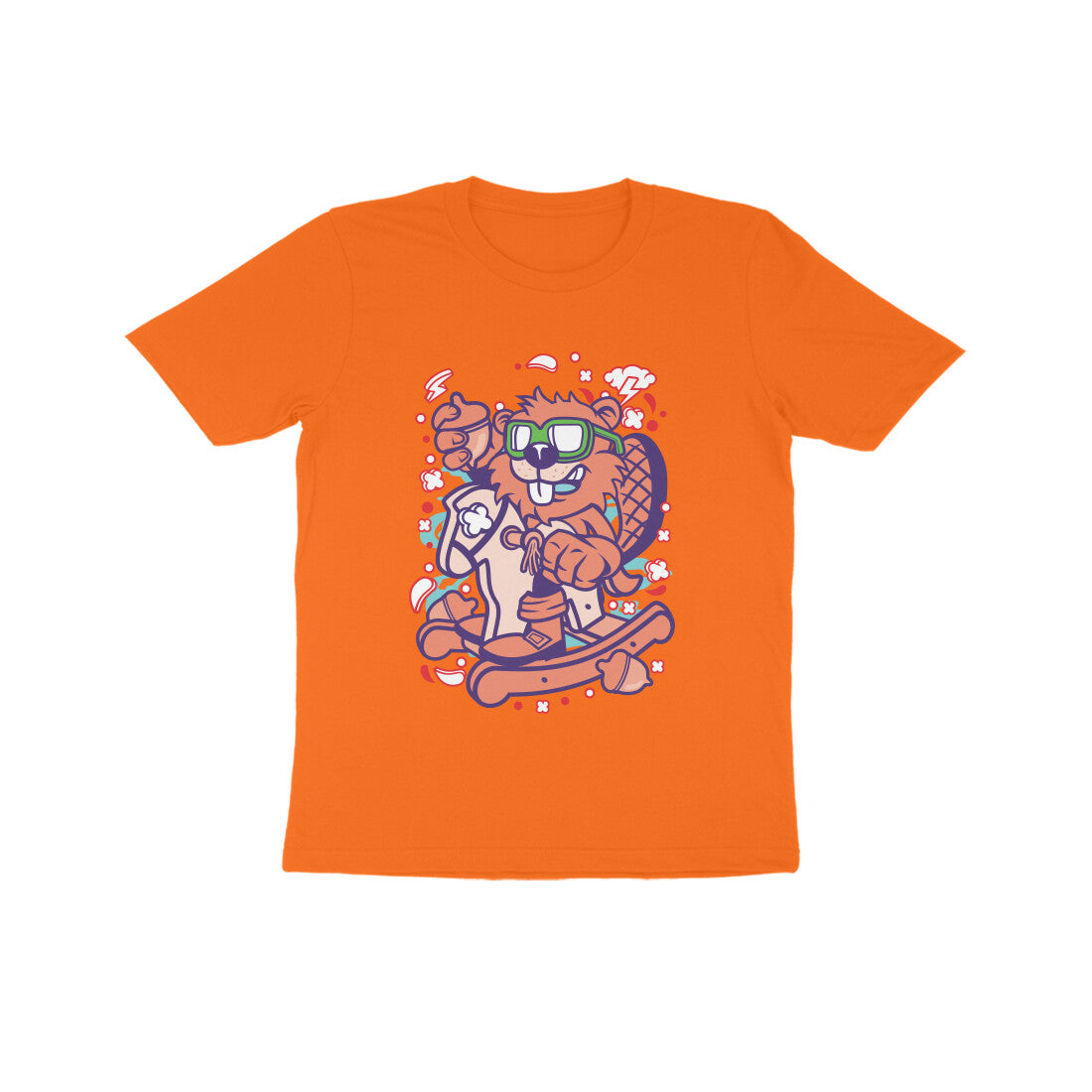 Kids' Half Sleeve Round Neck Tshirt β Orange Beaver Rocking Horse puraidoprints
