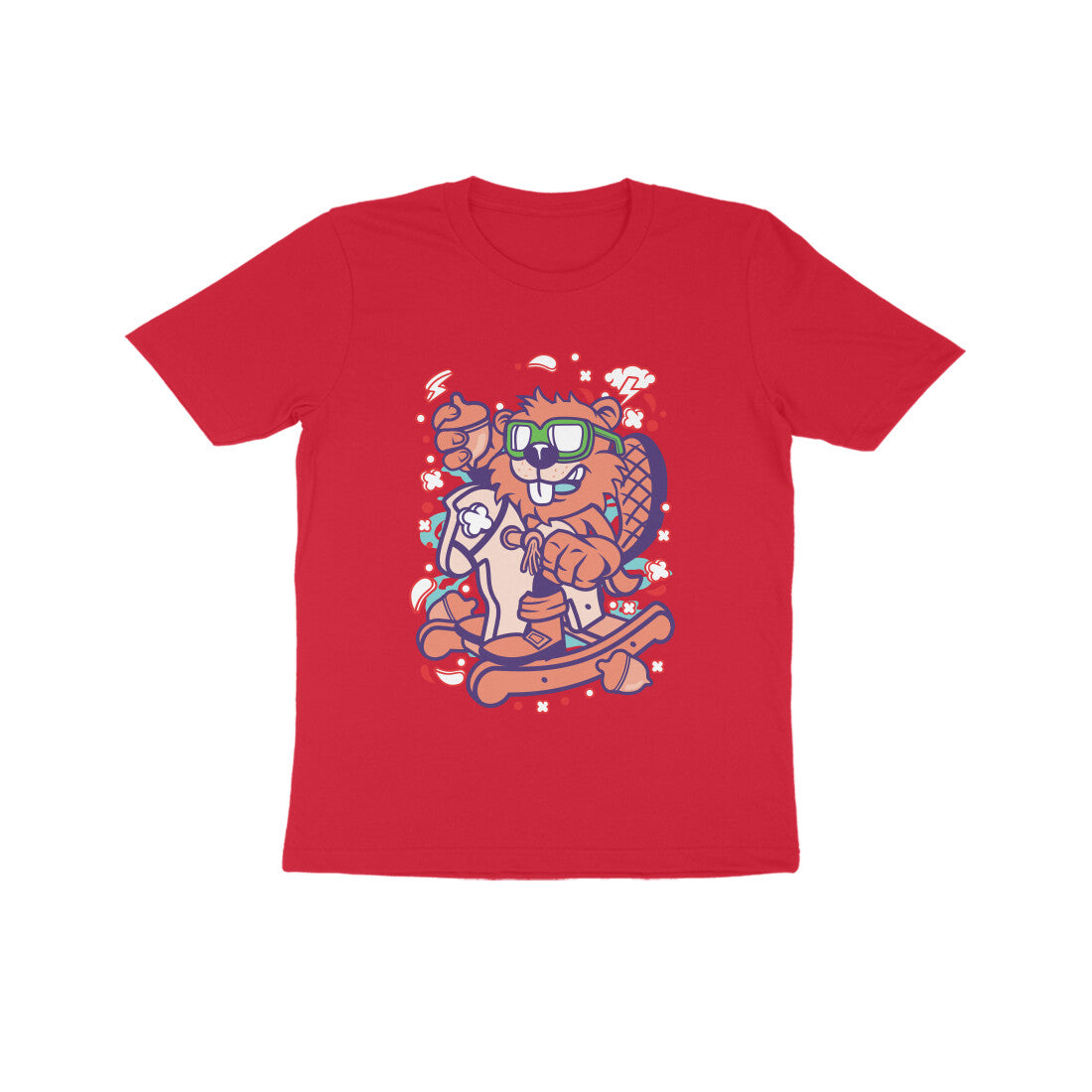 Kids' Half Sleeve Round Neck Tshirt β Orange Beaver Rocking Horse puraidoprints