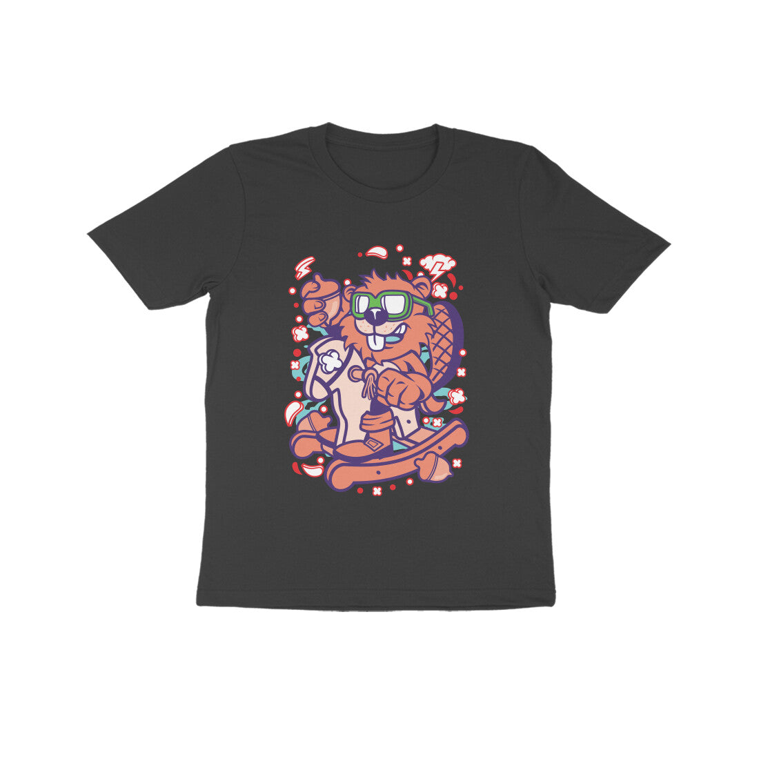 Kids' Half Sleeve Round Neck Tshirt β Orange Beaver Rocking Horse puraidoprints