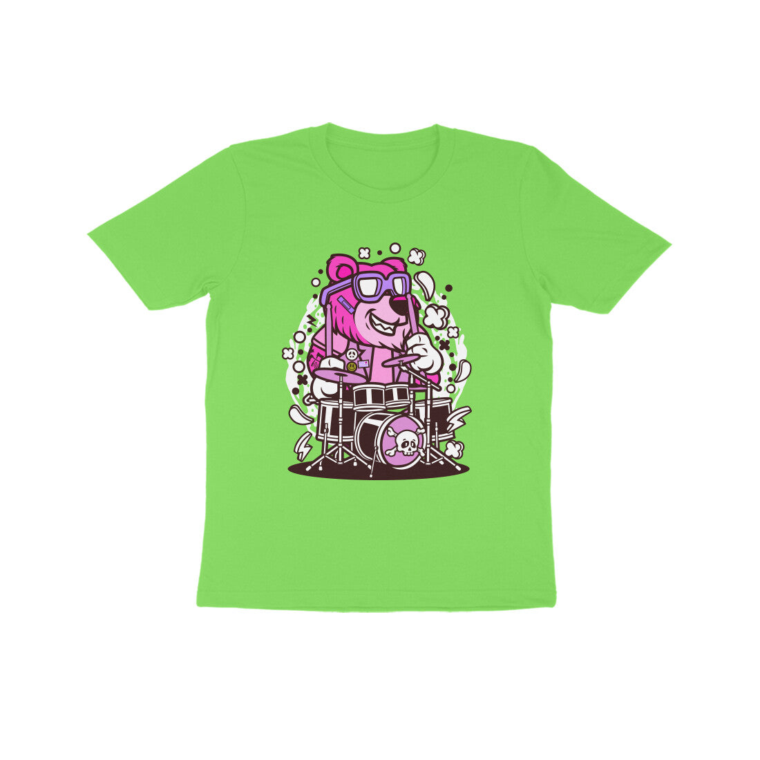 Kids' Half Sleeve Round Neck Tshirt β Pink Bear Drummer puraidoprints