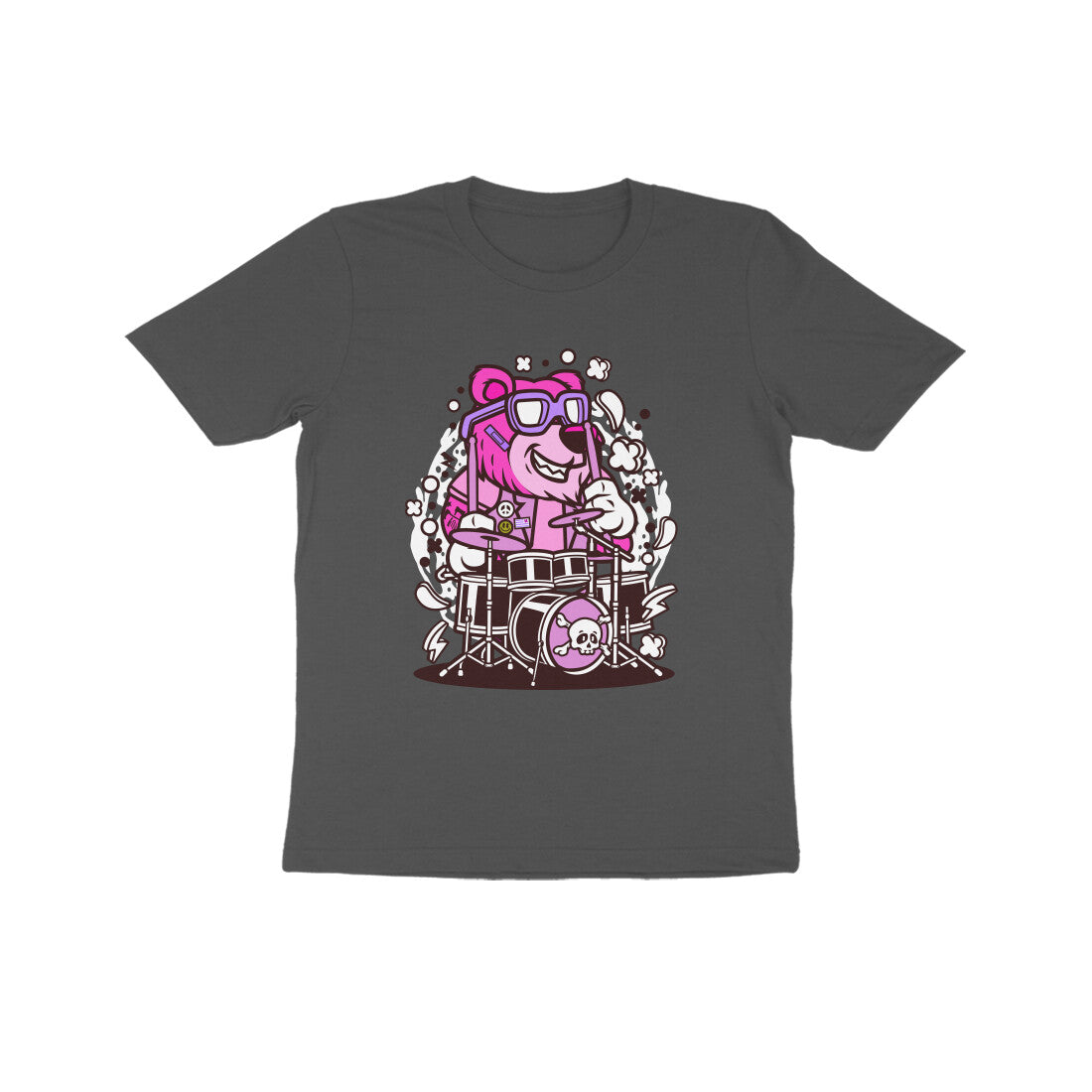Kids' Half Sleeve Round Neck Tshirt β Pink Bear Drummer puraidoprints