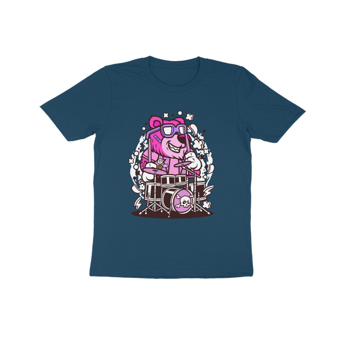 Kids' Half Sleeve Round Neck Tshirt β Pink Bear Drummer puraidoprints