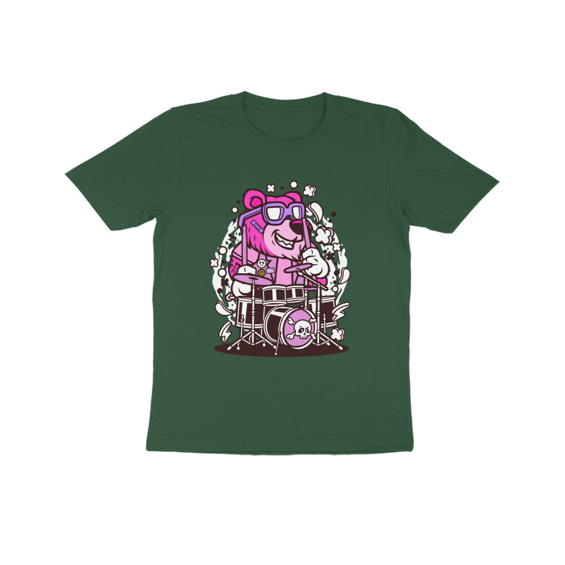 Kids' Half Sleeve Round Neck Tshirt β Pink Bear Drummer puraidoprints