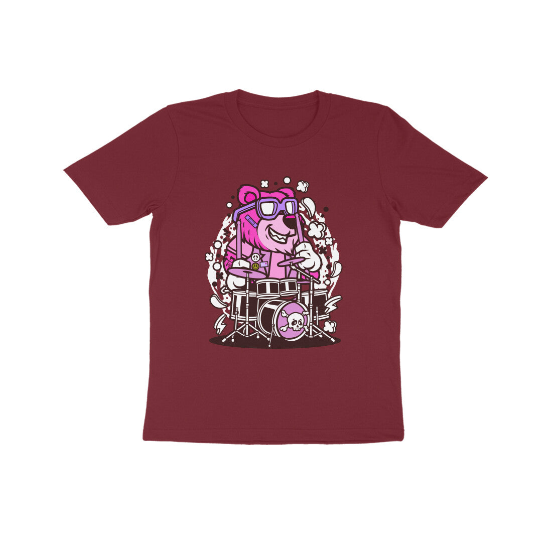 Kids' Half Sleeve Round Neck Tshirt β Pink Bear Drummer puraidoprints