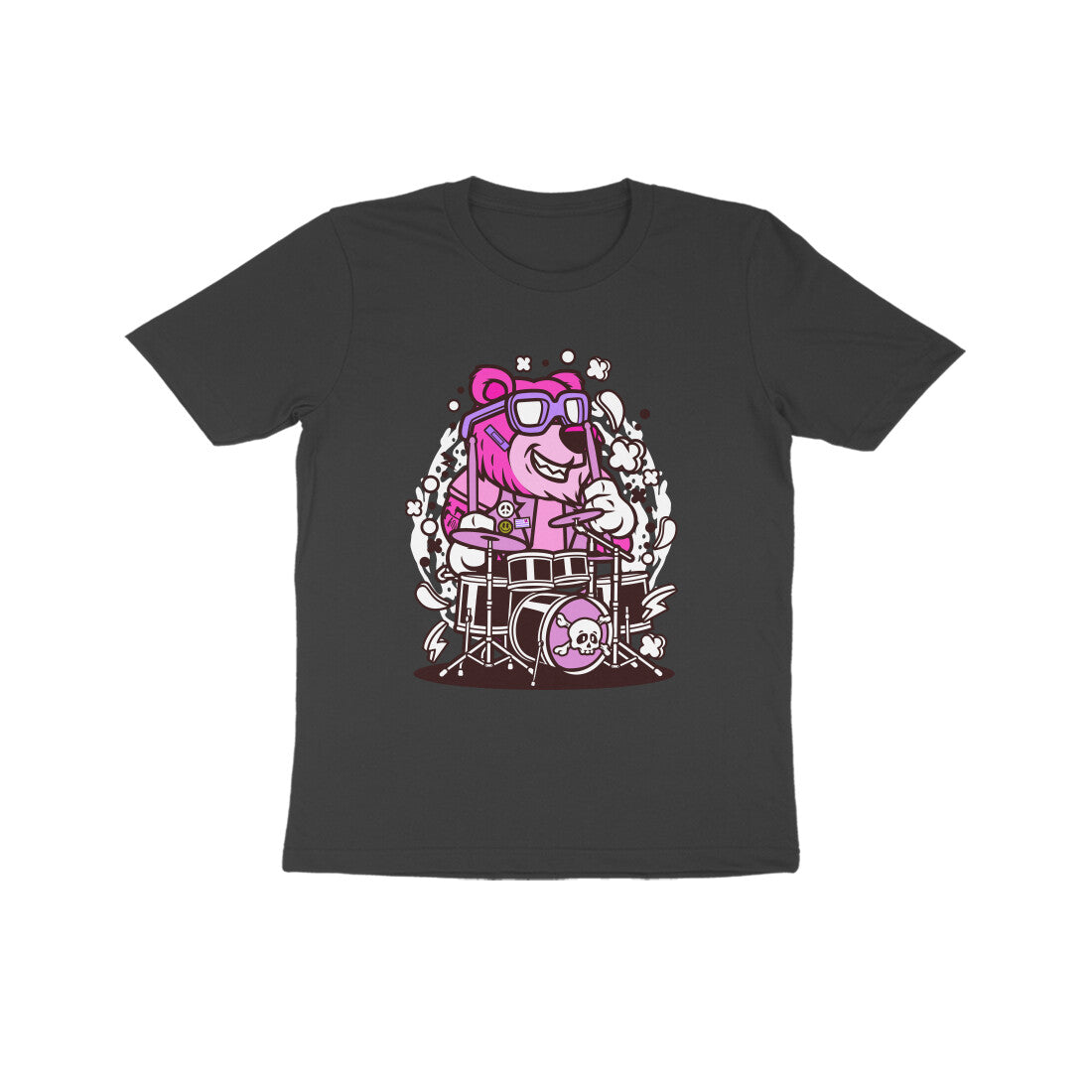 Kids' Half Sleeve Round Neck Tshirt β Pink Bear Drummer puraidoprints