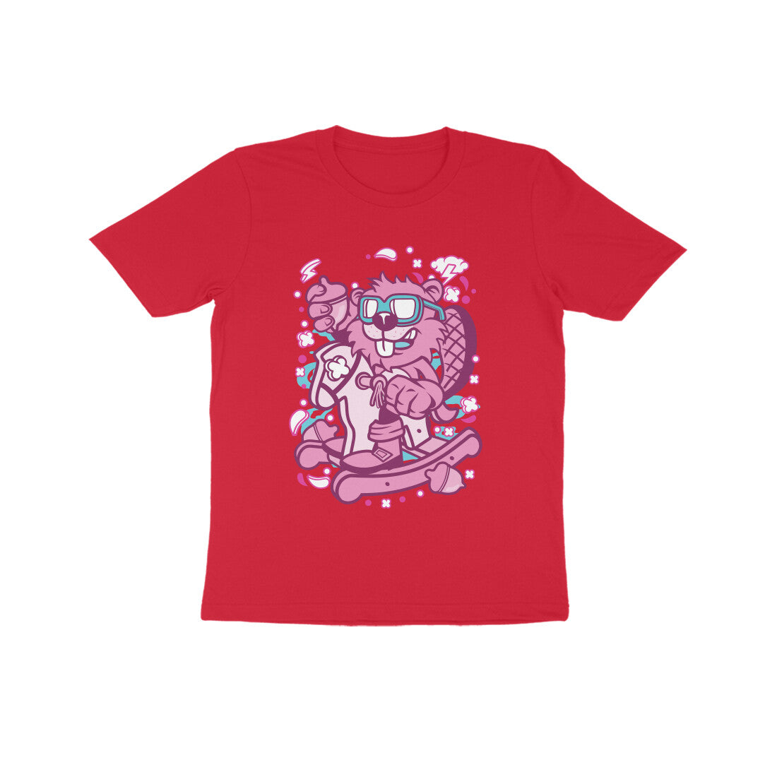Kids' Half Sleeve Round Neck Tshirt β Pink Beaver Rocking Horse puraidoprints