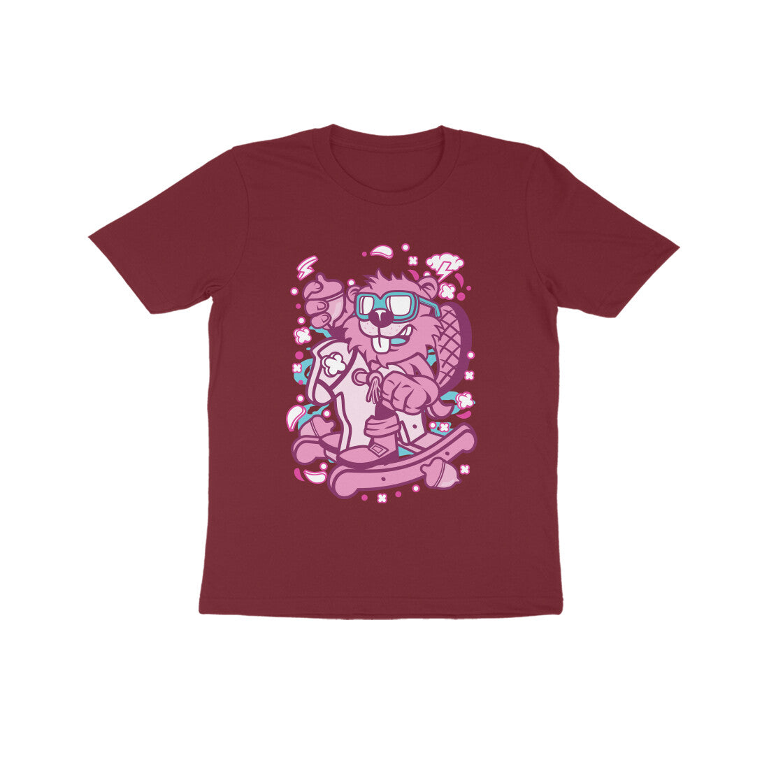 Kids' Half Sleeve Round Neck Tshirt β Pink Beaver Rocking Horse puraidoprints