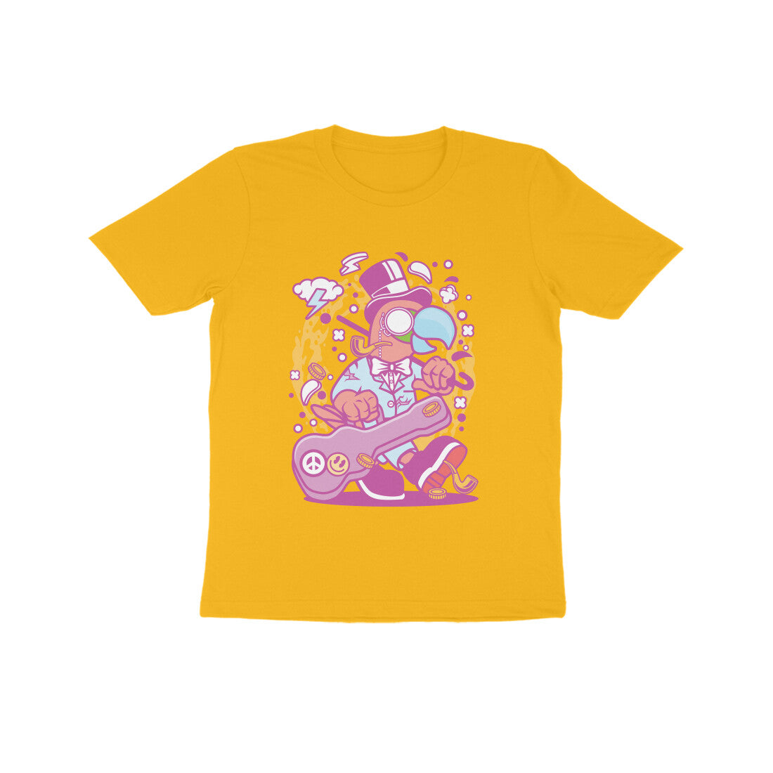 Kids' Half Sleeve Round Neck Tshirt β Pink Bird Musician puraidoprints