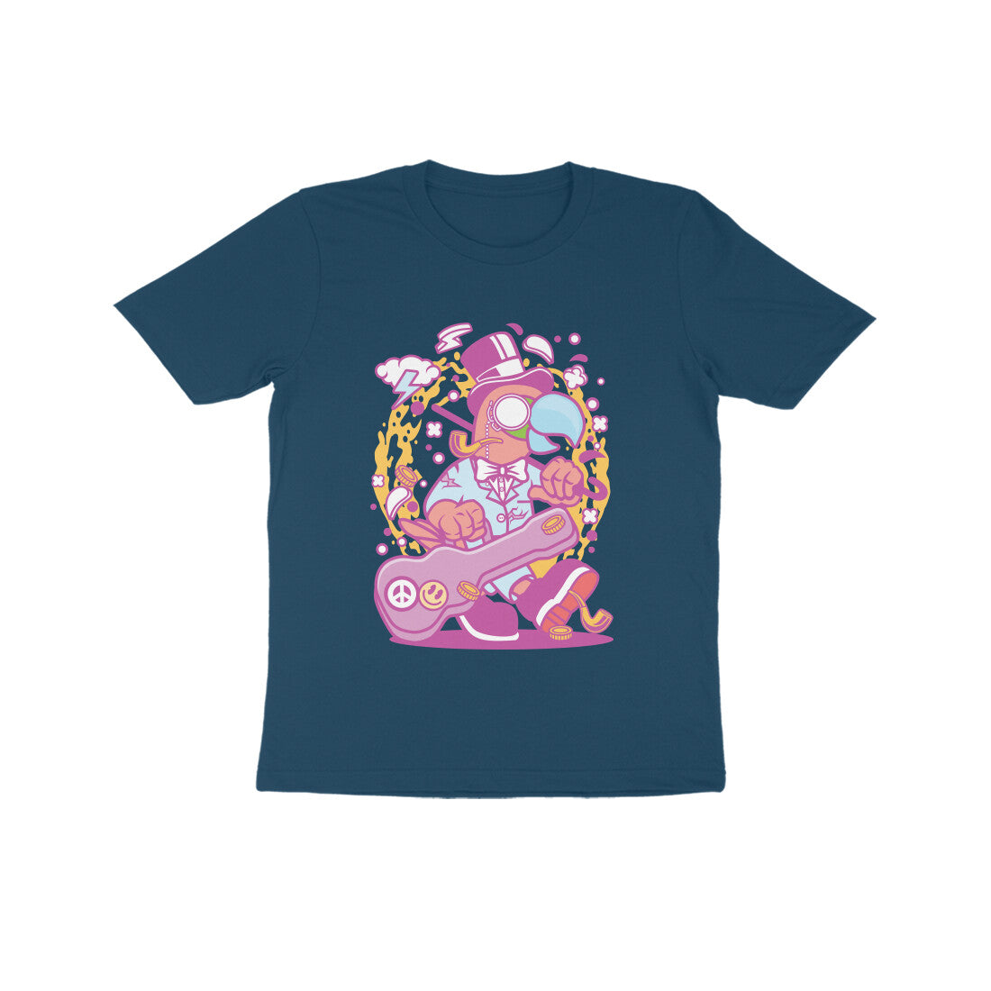 Kids' Half Sleeve Round Neck Tshirt β Pink Bird Musician puraidoprints