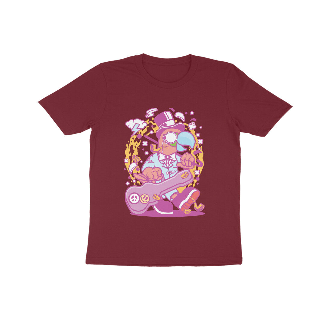 Kids' Half Sleeve Round Neck Tshirt β Pink Bird Musician puraidoprints