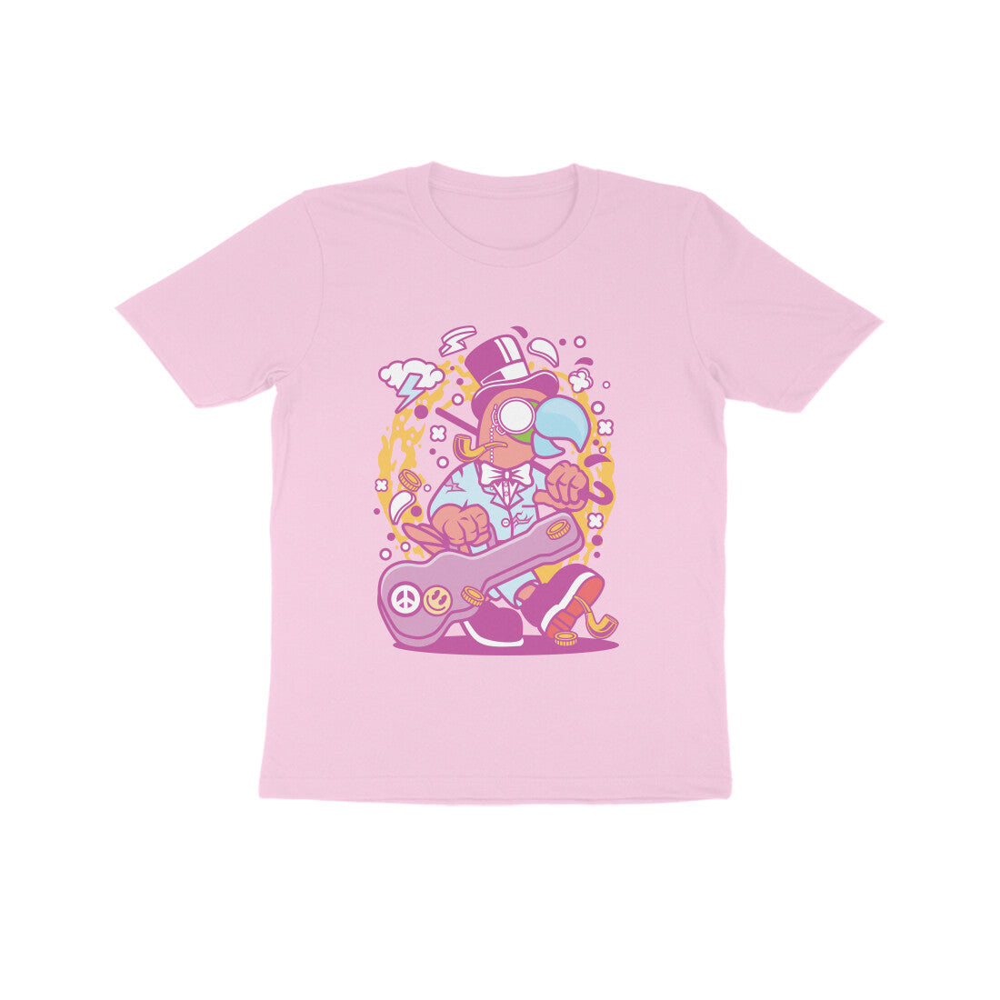 Kids' Half Sleeve Round Neck Tshirt β Pink Bird Musician puraidoprints