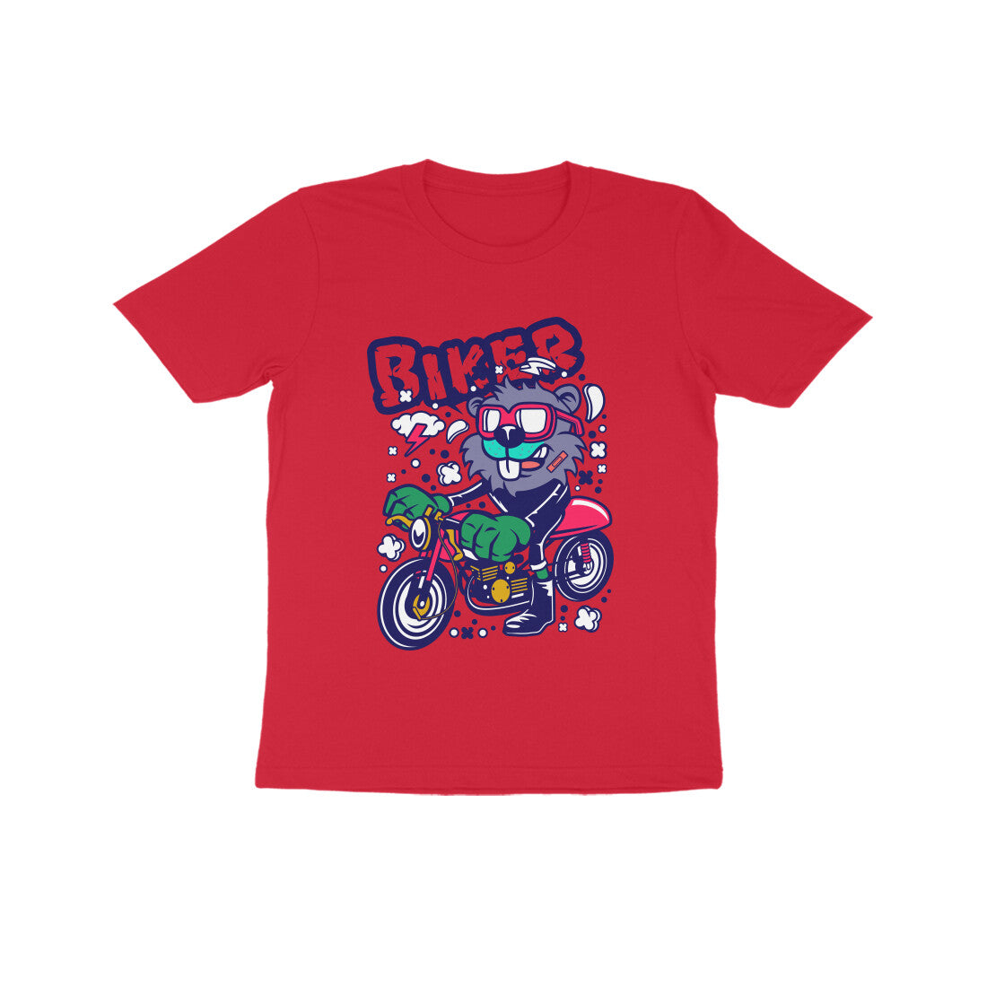 Kids' Half Sleeve Round Neck Tshirt β Red Biker Beaver puraidoprints