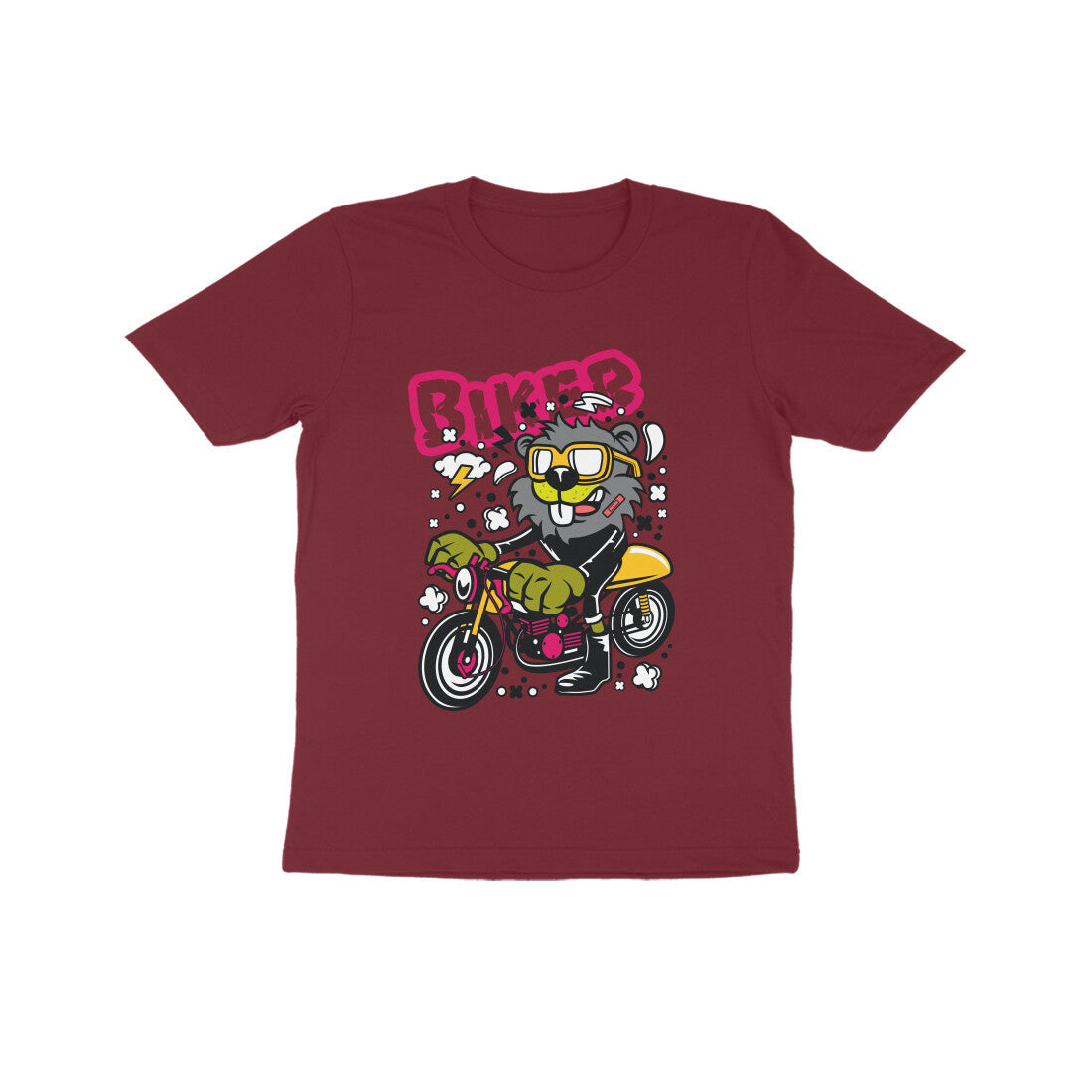 Kids' Half Sleeve Round Neck Tshirt β Yellow Biker Beaver puraidoprints
