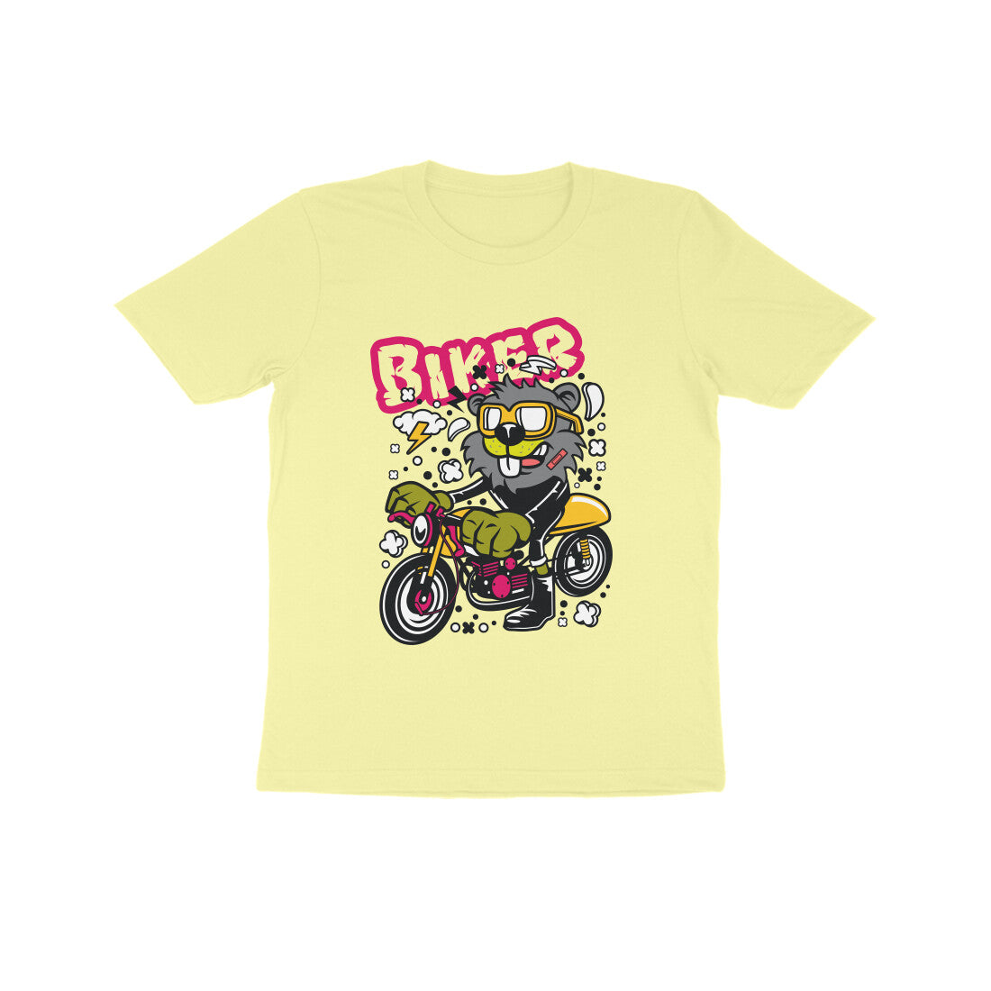 Kids' Half Sleeve Round Neck Tshirt β Yellow Biker Beaver puraidoprints