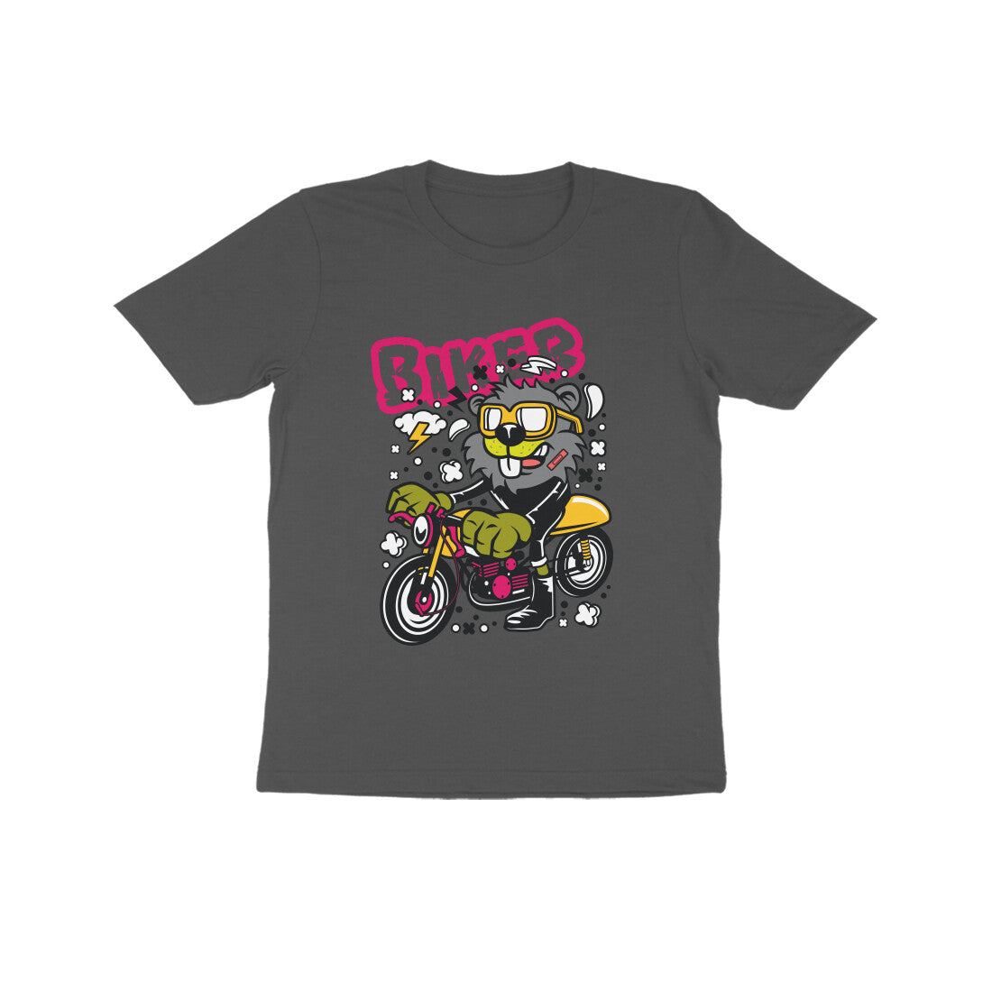 Kids' Half Sleeve Round Neck Tshirt β Yellow Biker Beaver puraidoprints