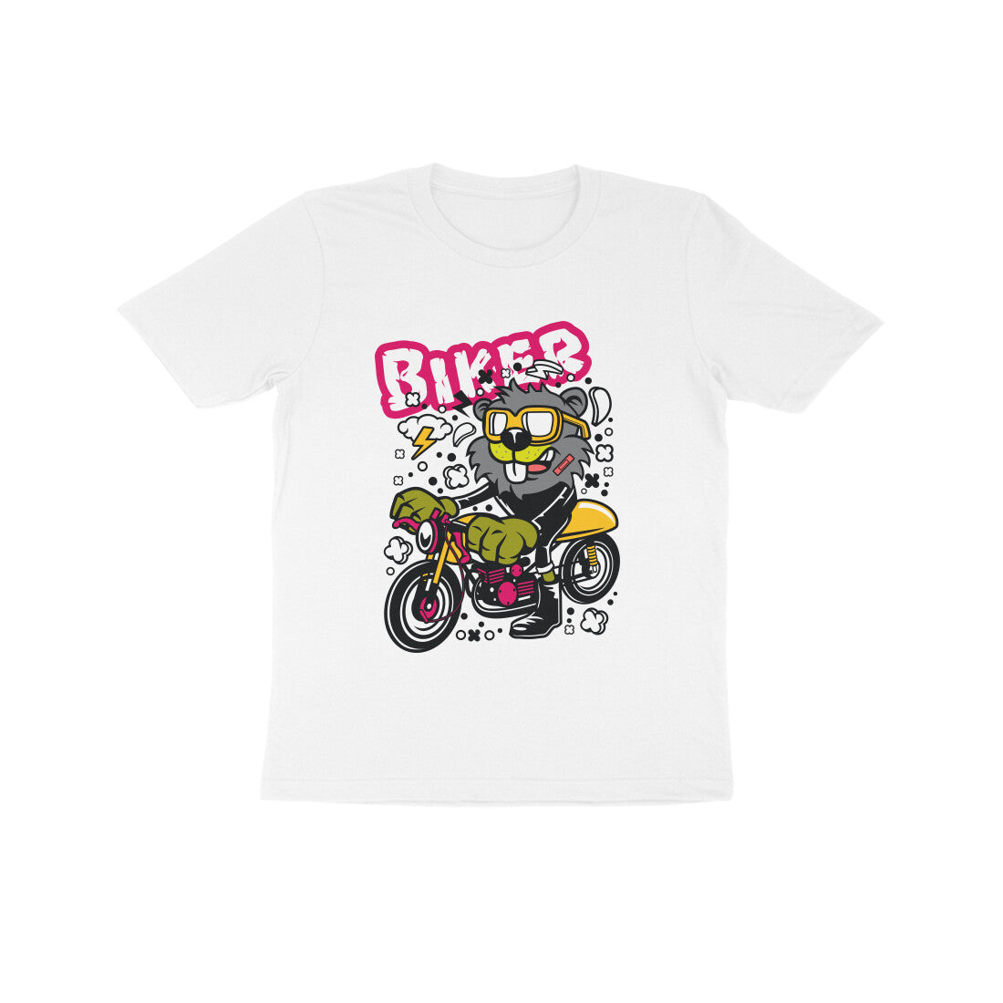 Kids' Half Sleeve Round Neck Tshirt β Yellow Biker Beaver puraidoprints